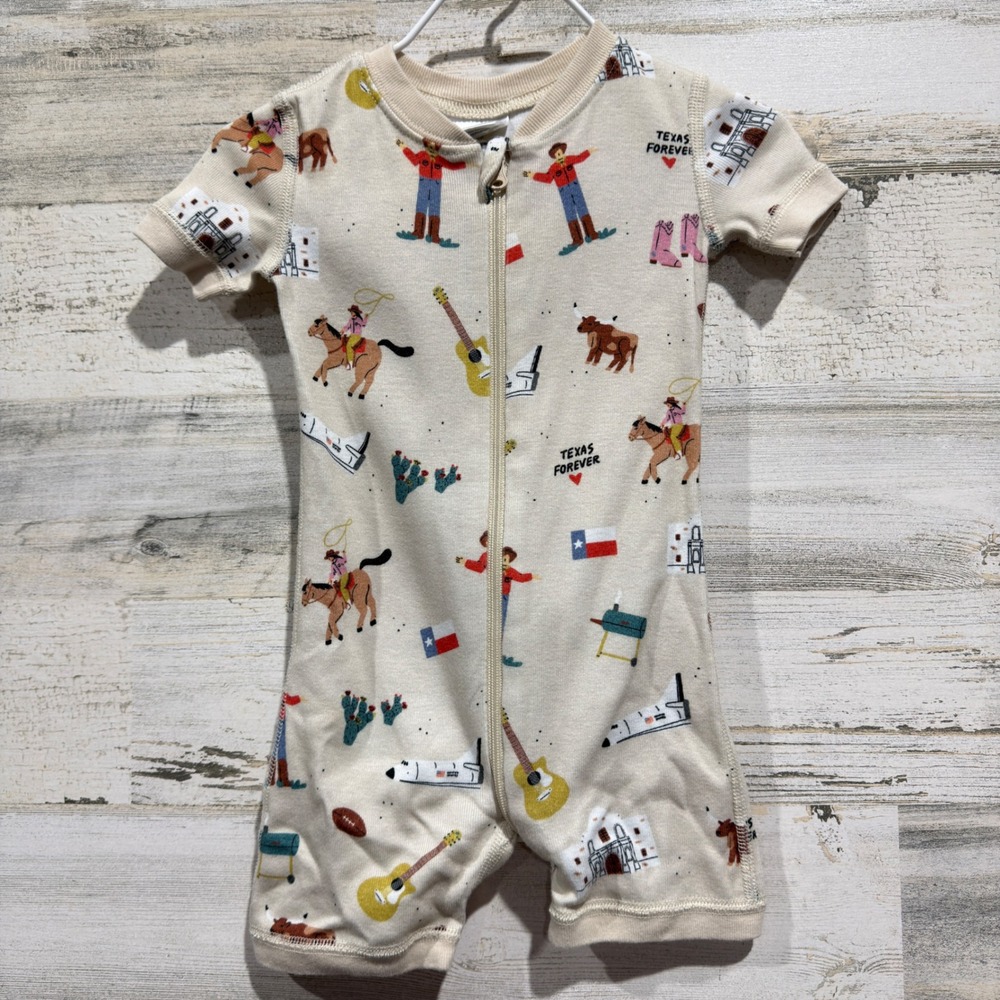 Smaller Things Romper Kids 3-6M Cream Texas Forever Cowboy Organic Cotton EUC